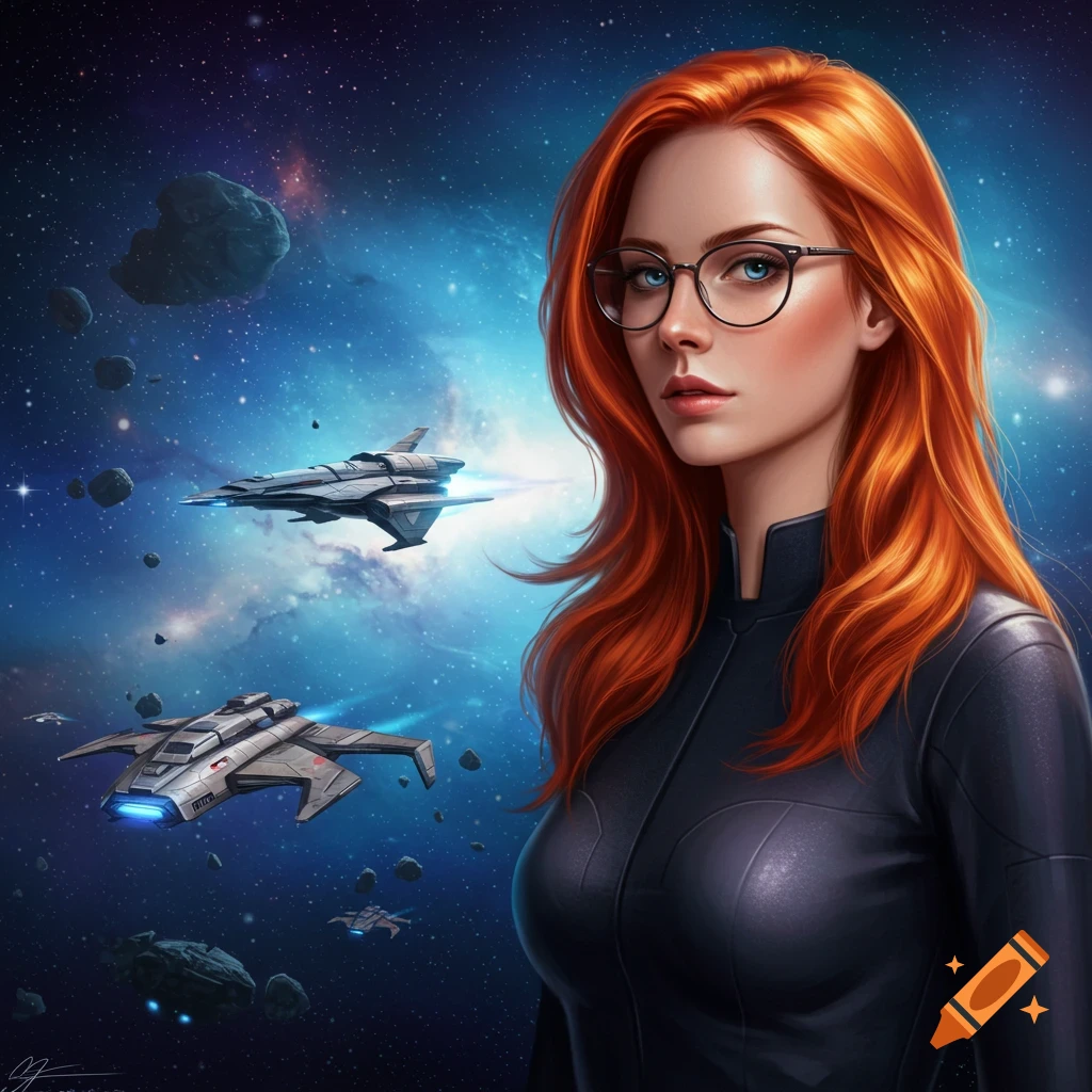 Digital painting of a red-haired woman in glasses, wearing a black uniform, with spaceships and asteroids in a blue galaxy background.