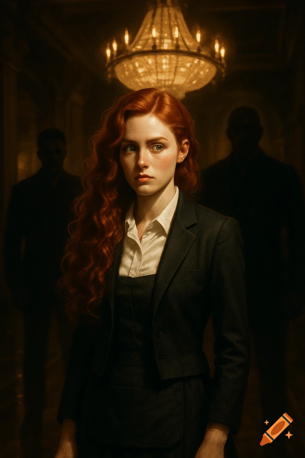 A young woman with long red hair and green eyes, in a black suit, stands in a dimly lit luxurious hall with a chandelier above.
