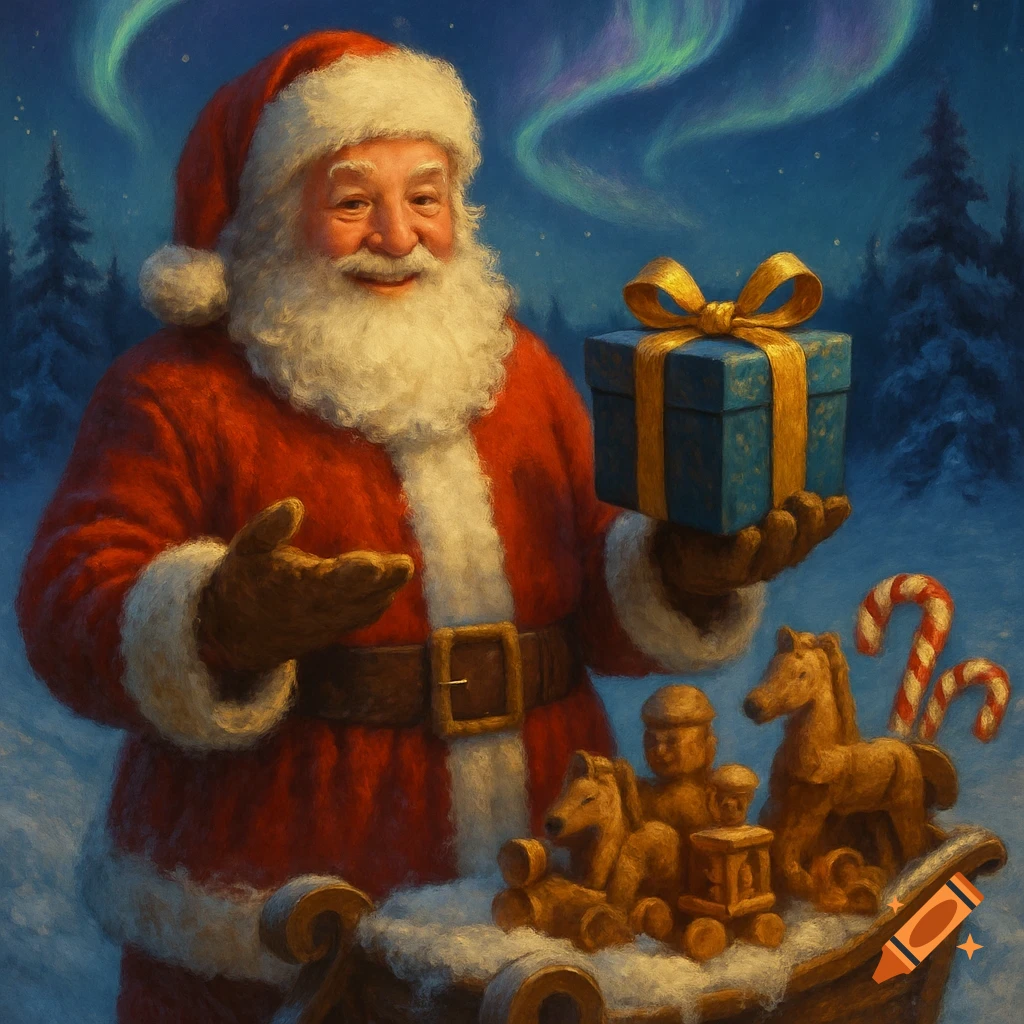 Santa Claus in a red suit holding a blue gift, standing in a snowy landscape with wooden toys and aurora borealis.
