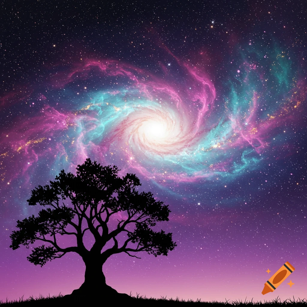 A silhouette of a tree stands against a vibrant pink and blue spiral galaxy in a starry night sky.