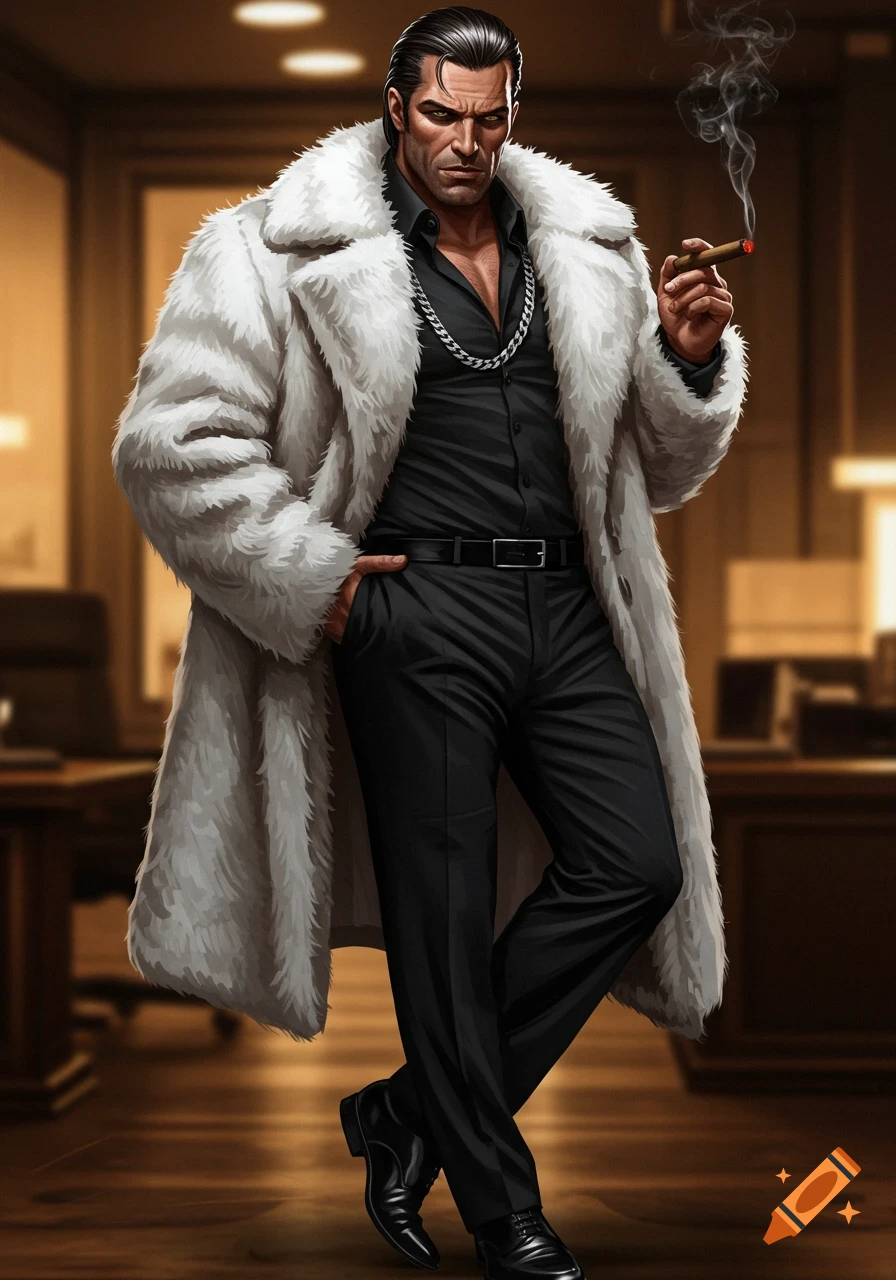 A rugged man in a white fur coat, black shirt, and pants, wearing a silver chain, stands with crossed legs, smoking a cigar in an office. Illustrated style.