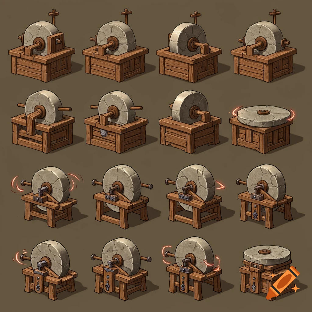 Grid of 16 cartoon-style medieval grinding wheels on wooden stands, some with red motion blurs.