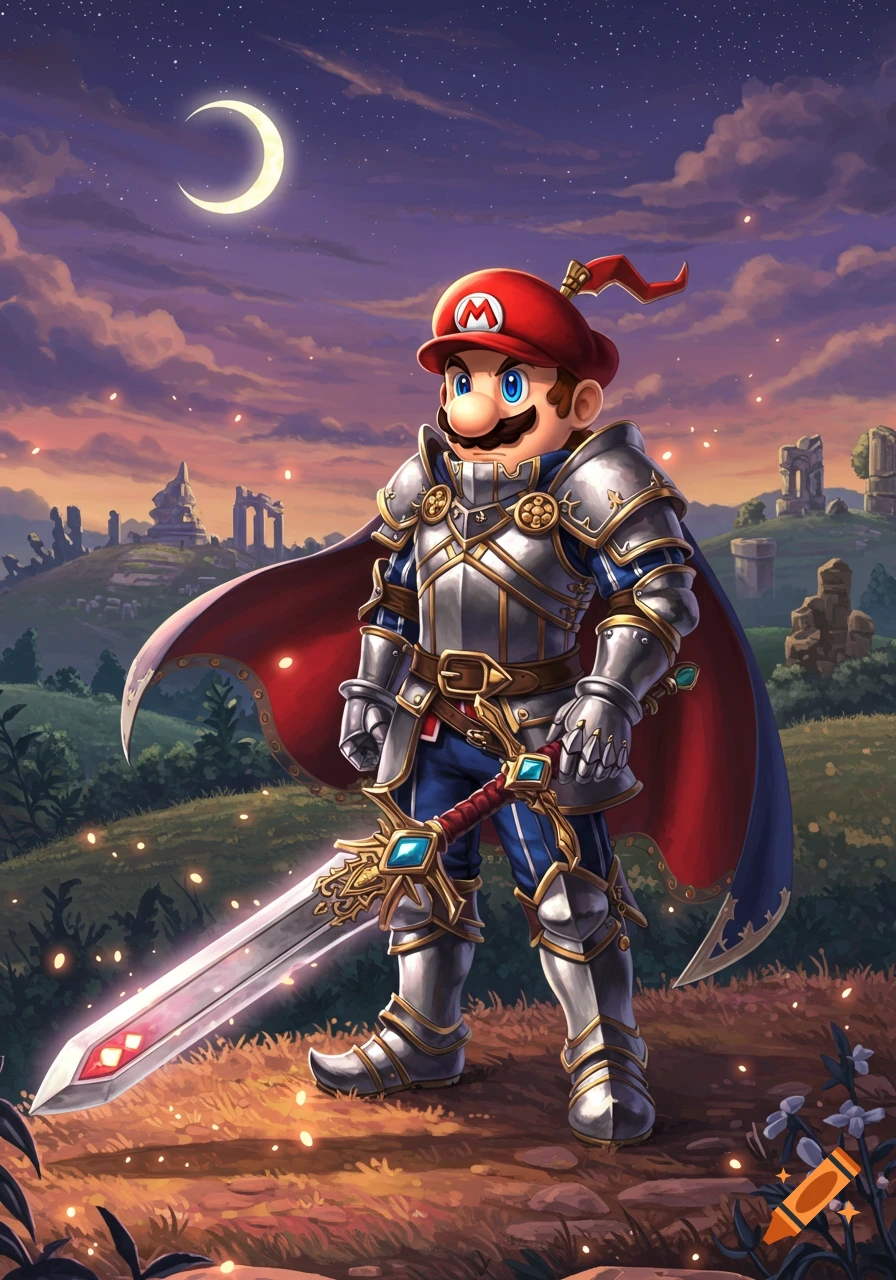 Mario as a knight in detailed armor and red cape, holding a glowing sword in a fantasy landscape with ruins under a crescent moon.