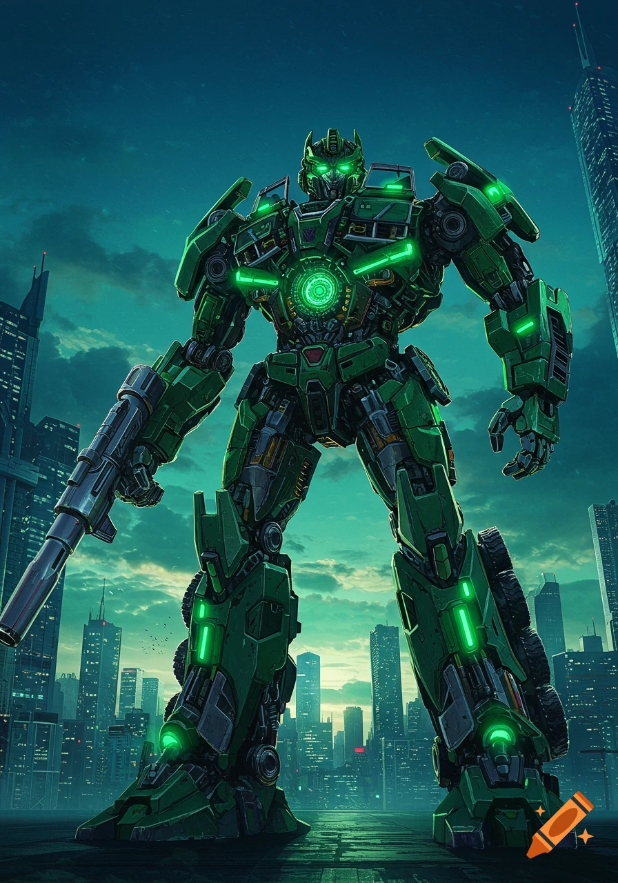A towering green robot with glowing eyes and chest stands in a futuristic city at night, holding a large rifle.