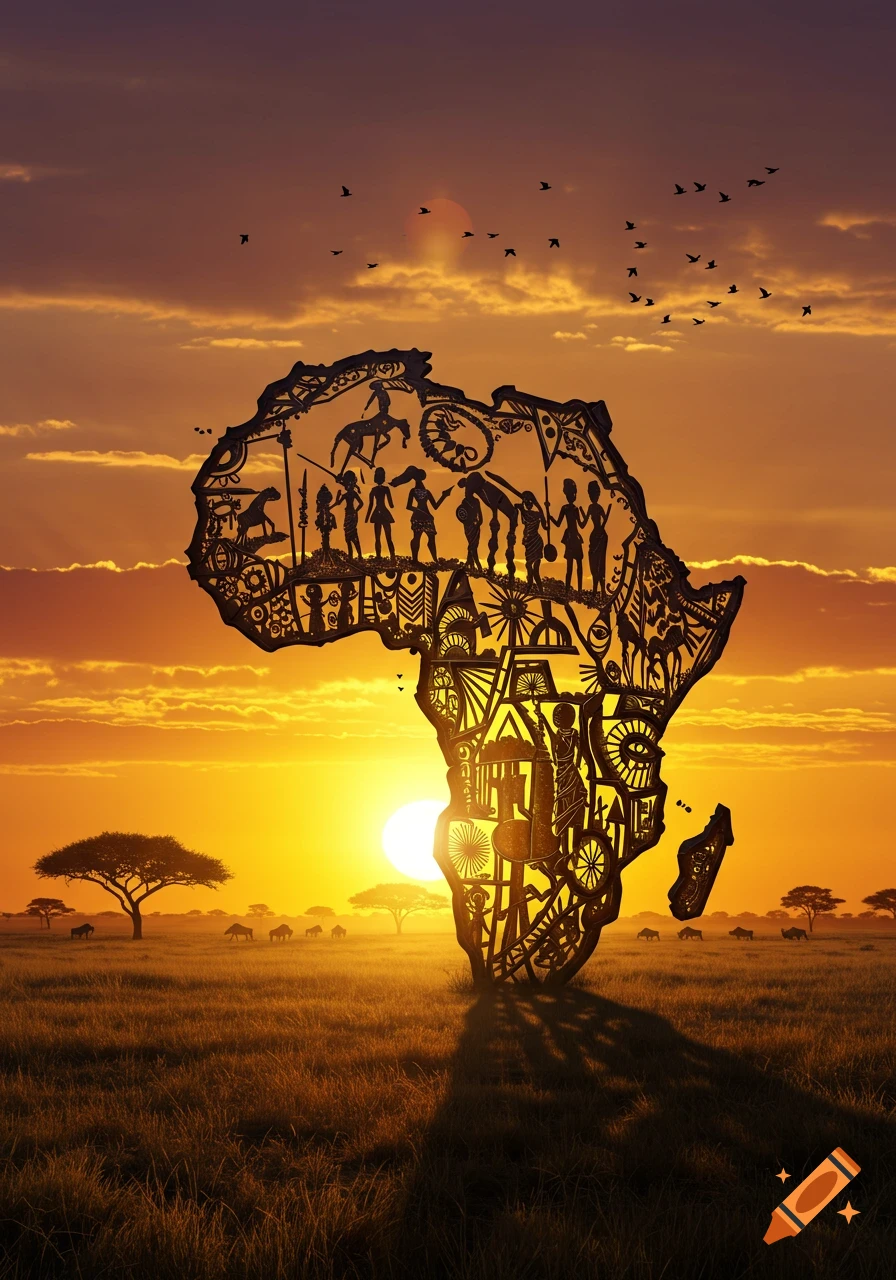 Intricate silhouette of the African continent filled with cultural patterns and figures, set against a vibrant savanna sunset with trees and wildlife.