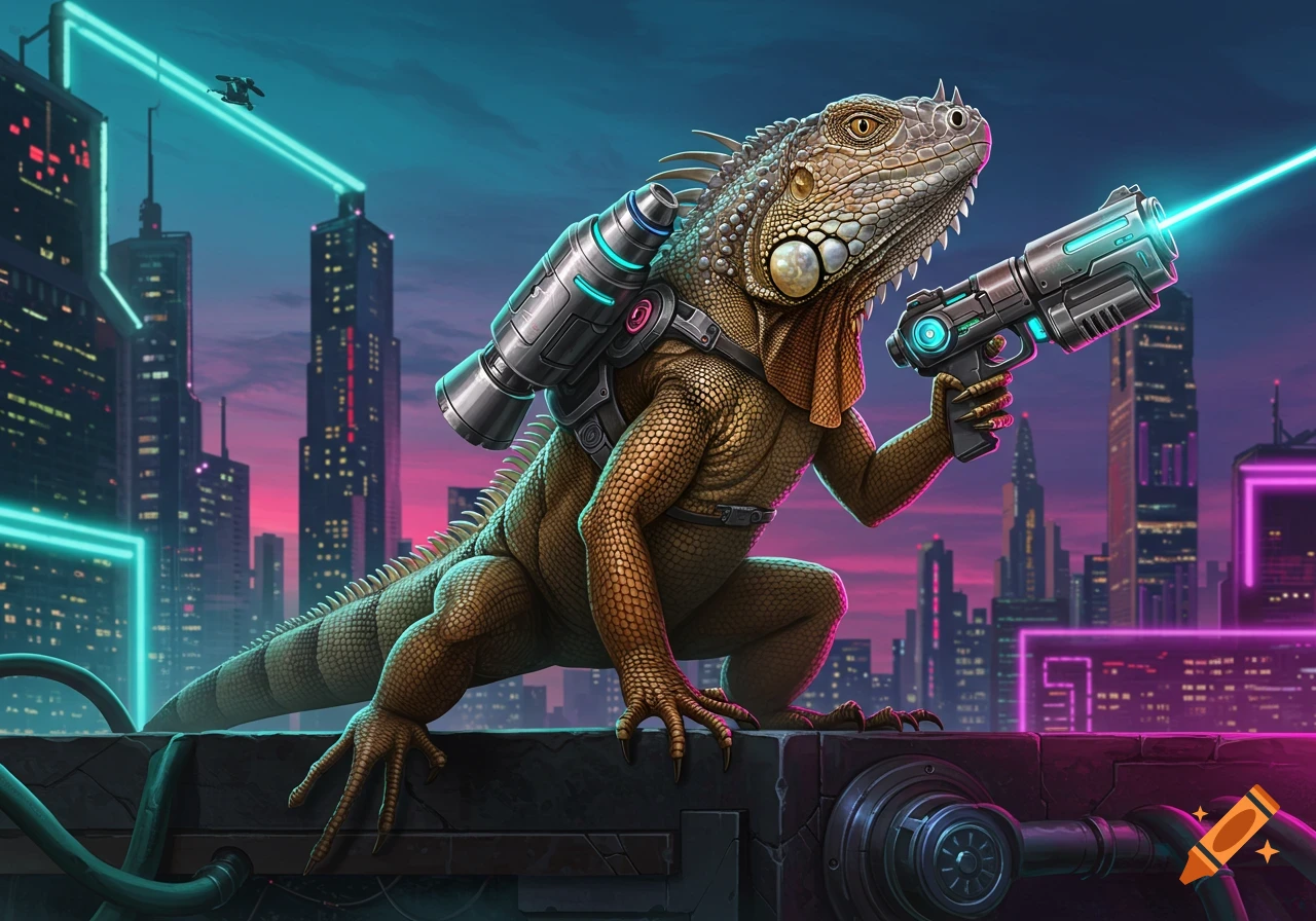 A bipedal iguana with a jetpack and laser gun crouches on a futuristic rooftop, a cyberpunk city glowing with neon lights in the background. Detailed art.