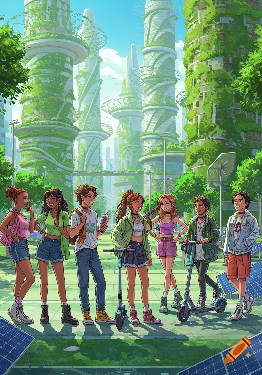 Diverse teenagers with scooters in a vibrant, futuristic green city with plant-covered skyscrapers and solar panels.