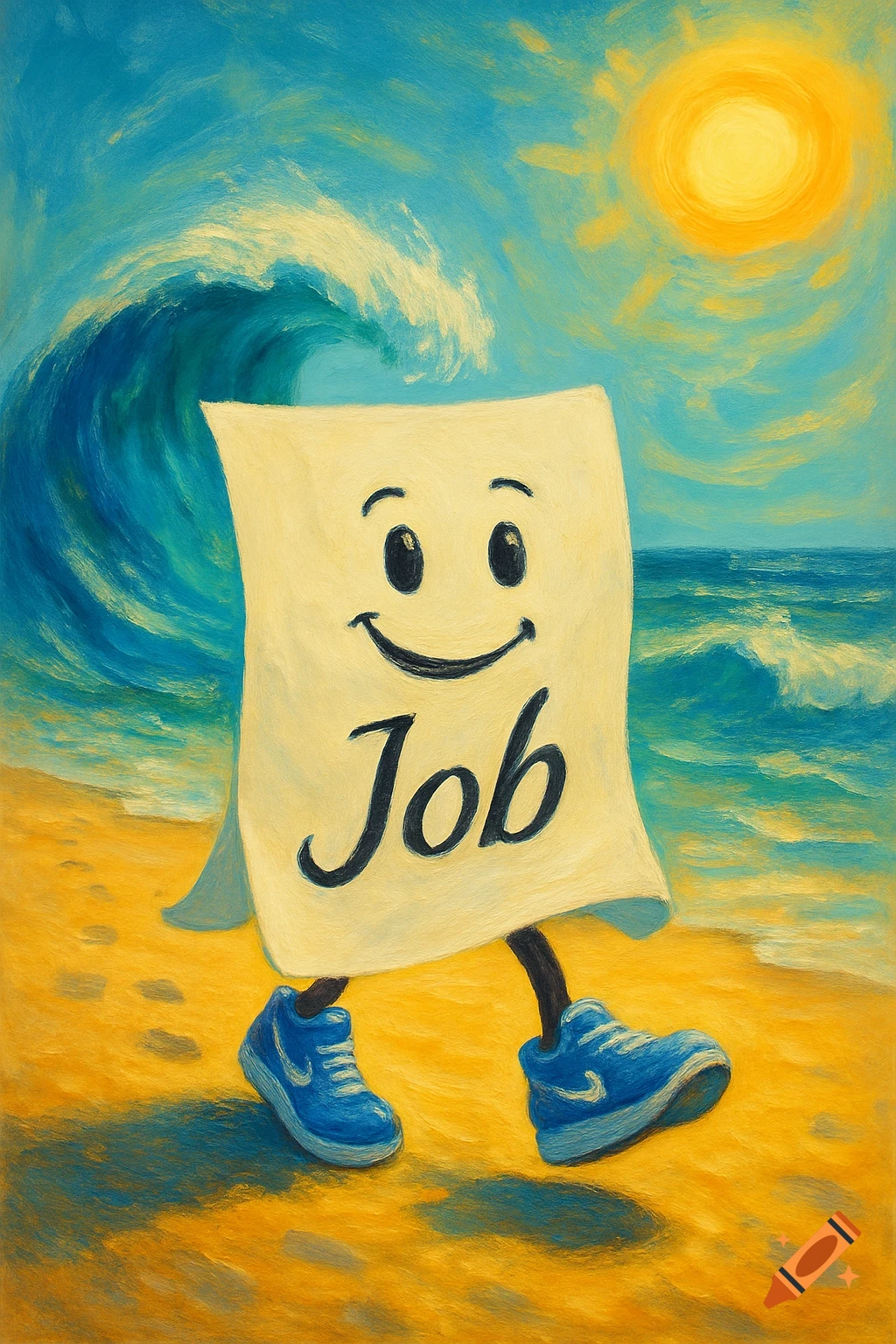 A smiling paper person with 'Job' written on it and blue shoes walks on a sunny beach, in a painterly style.