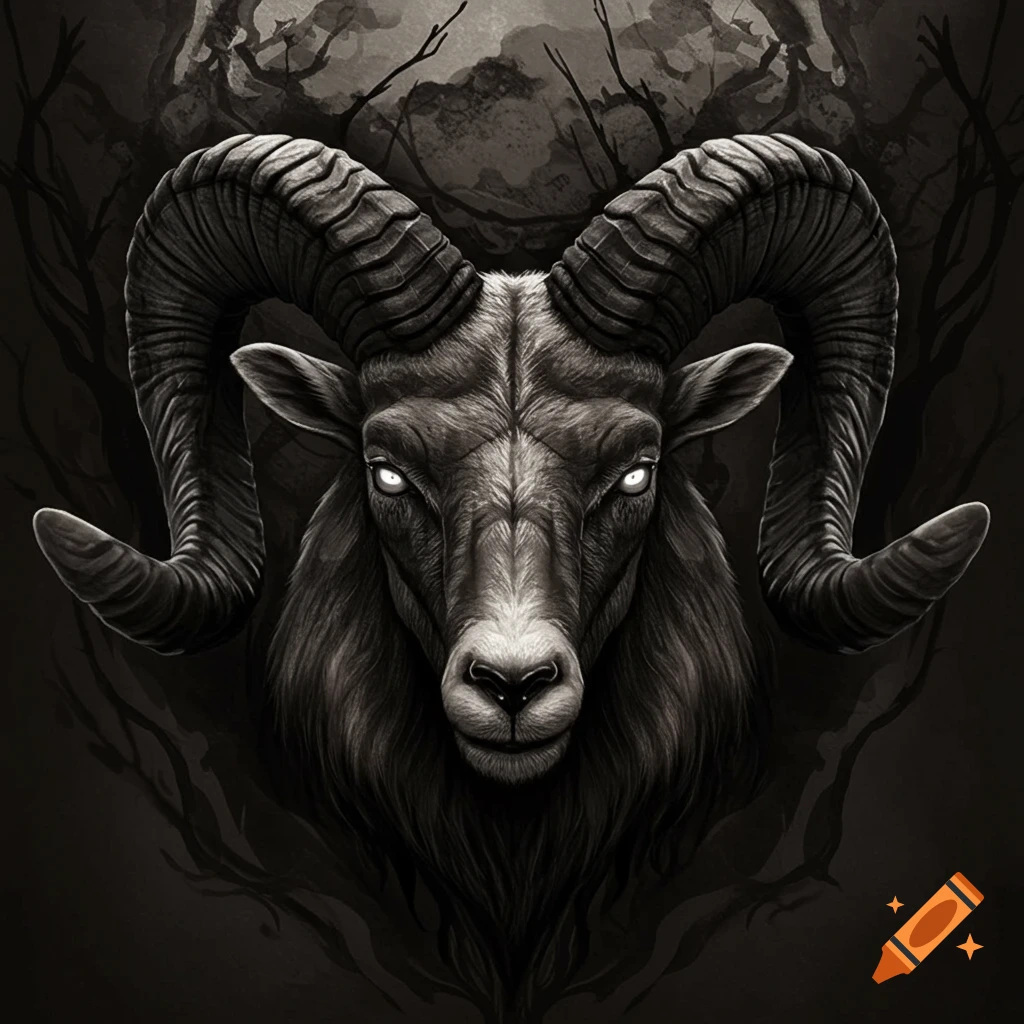 Close-up of a dark, realistic ram's head with large curled horns and glowing white eyes, in a grayscale, ominous style.