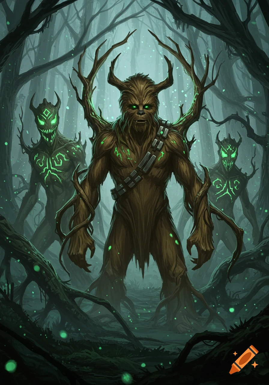 Three tree-like Wookies with antlers and glowing green symbols stand in a dark, misty forest, in a dark fantasy illustration.