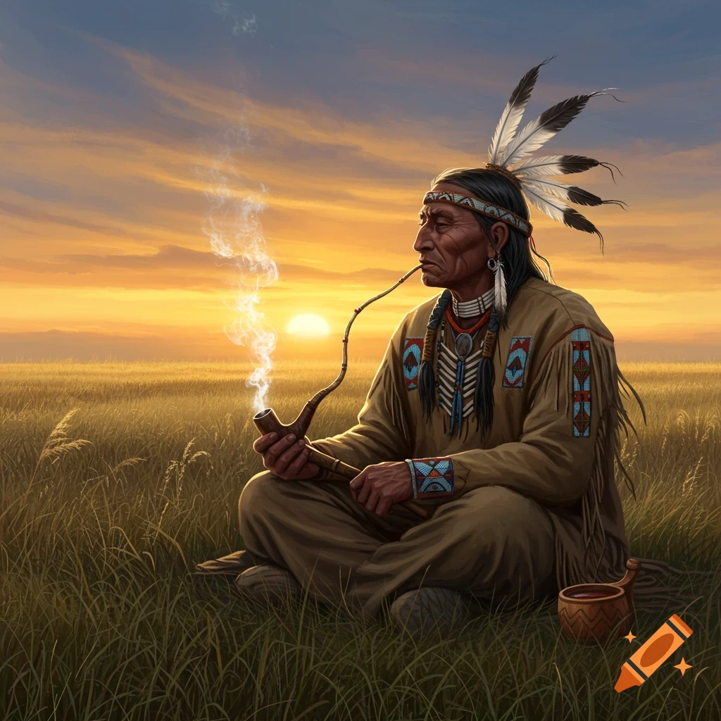 A First Nation man in traditional attire sits cross-legged in a grassy field, smoking a pipe as the sun sets behind him.