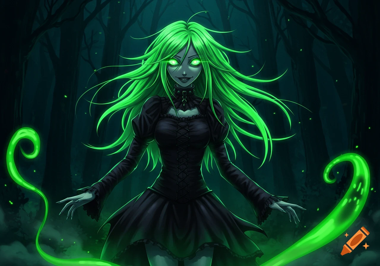 Anime-style goth girl with glowing green hair and eyes, wearing a black dress, stands in a dark forest, surrounded by green energy.