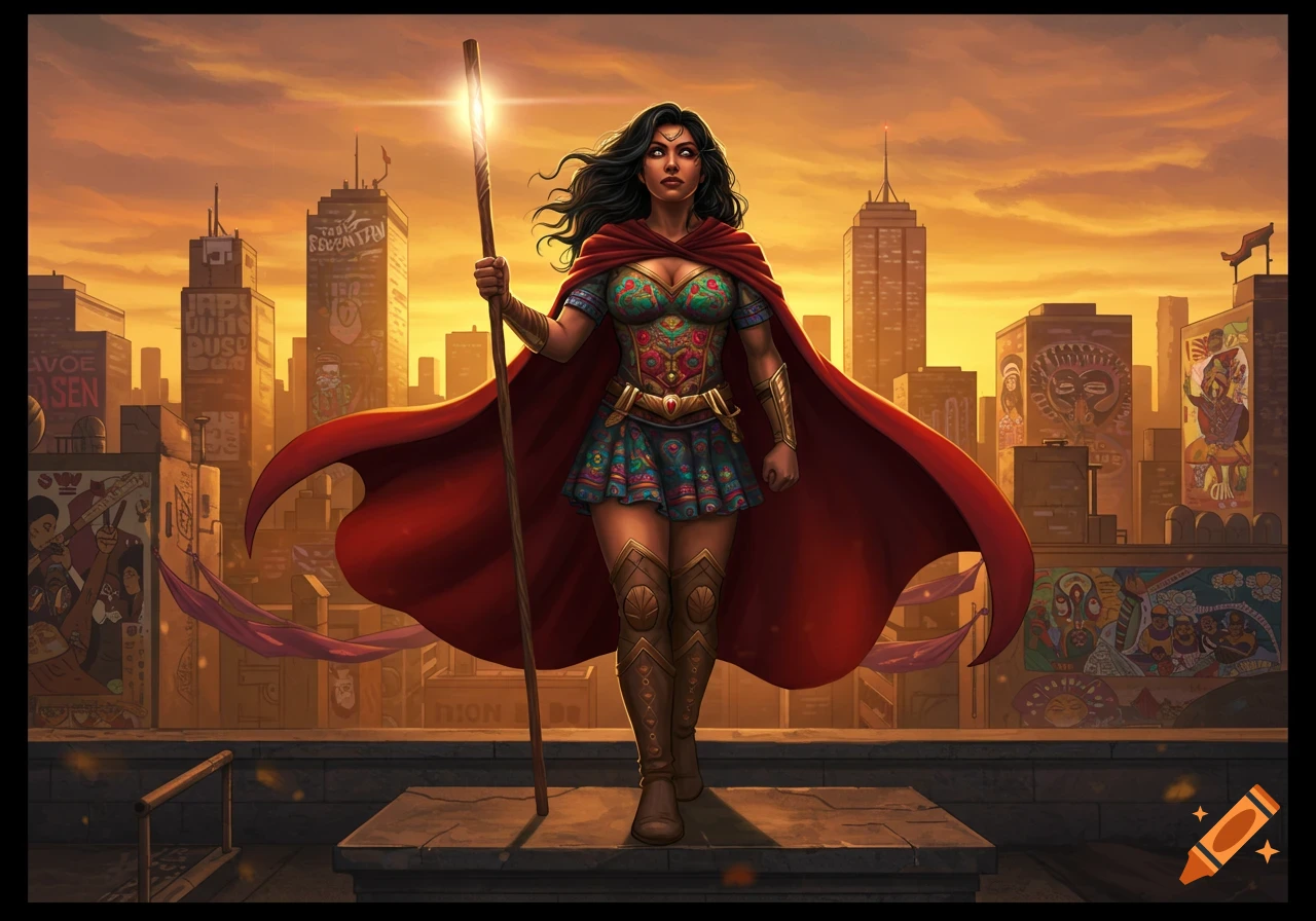 A Latina superhero in a colorful costume and red cape holds a glowing staff, standing on a rooftop at sunset with a cityscape in the background.