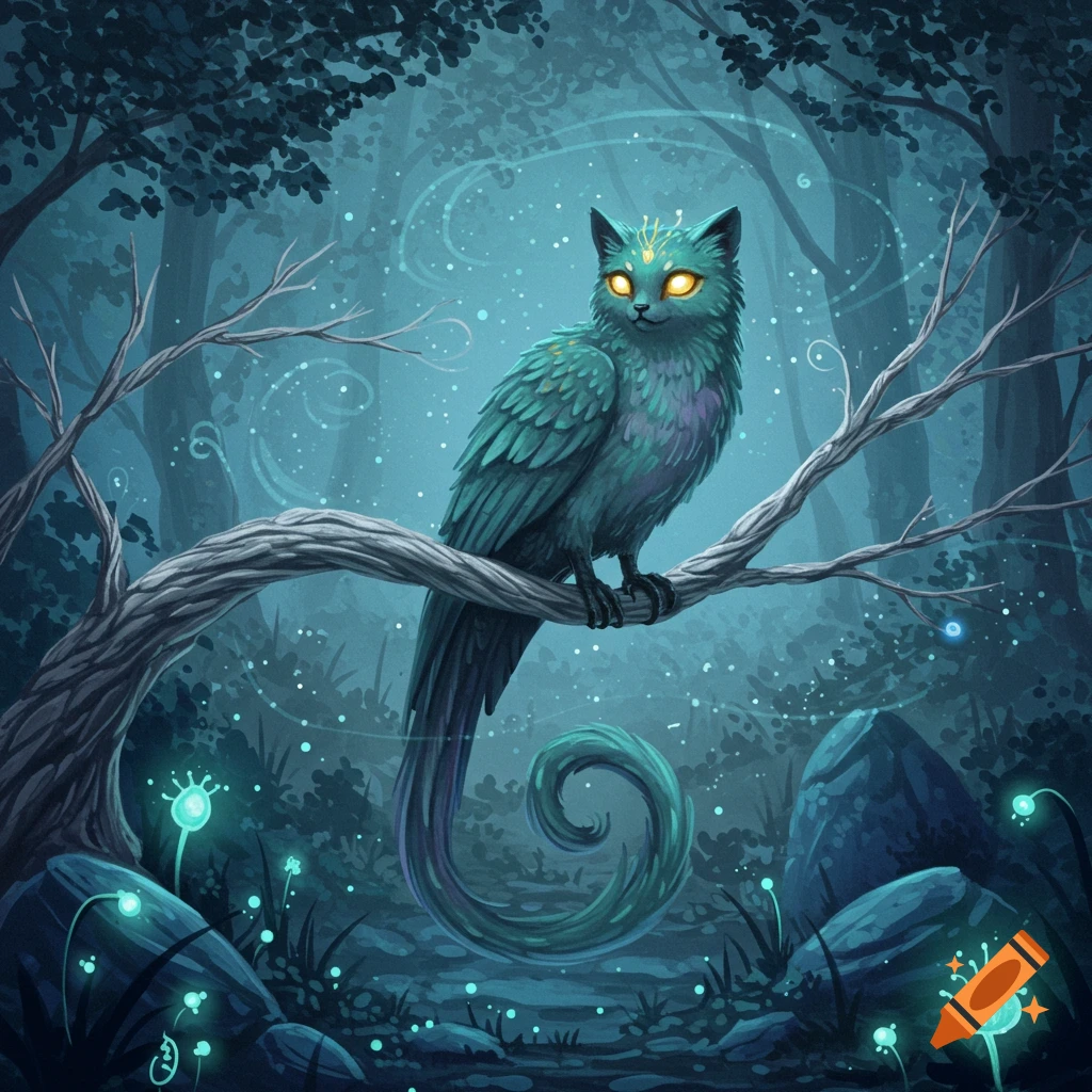 A magical teal cat-owl hybrid with glowing yellow eyes sits on a tree branch in an ethereal, dark forest with glowing plants.
