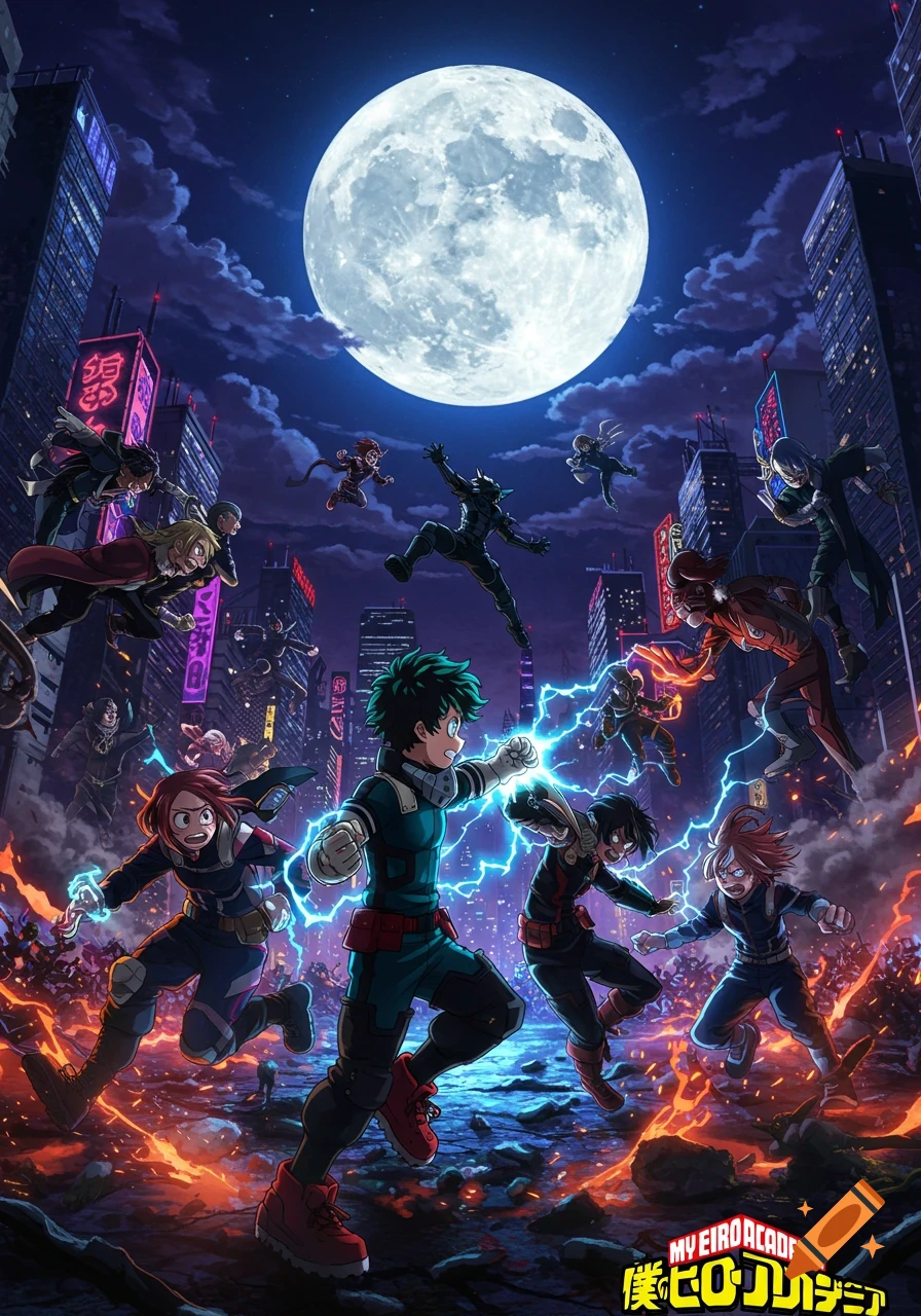 Anime characters from My Hero Academia battle in a nighttime city under a full moon, amidst glowing energy.