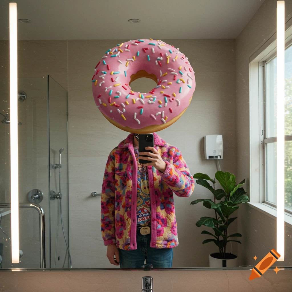 A person with a large pink donut for a head, wearing a colorful fuzzy jacket and jeans, takes a mirror selfie in a modern bathroom.