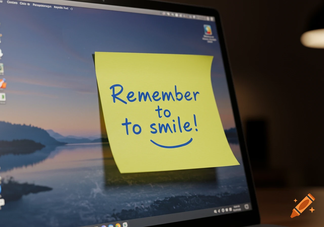 A yellow sticky note with 'Remember to smile!' written in blue text is stuck on a laptop screen displaying a scenic wallpaper.
