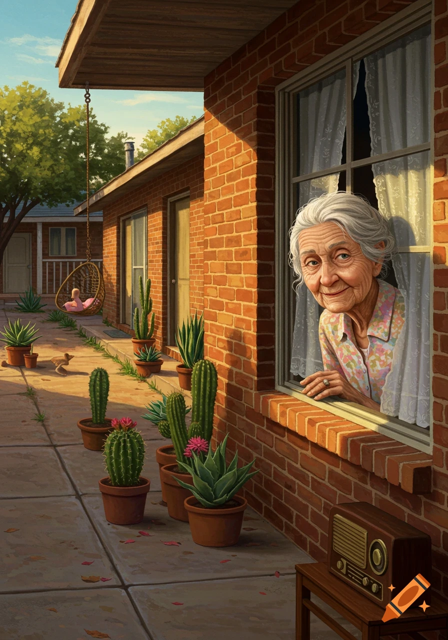 Detailed illustration of a smiling old lady looking out a brick house window into a sunny backyard with potted cacti.