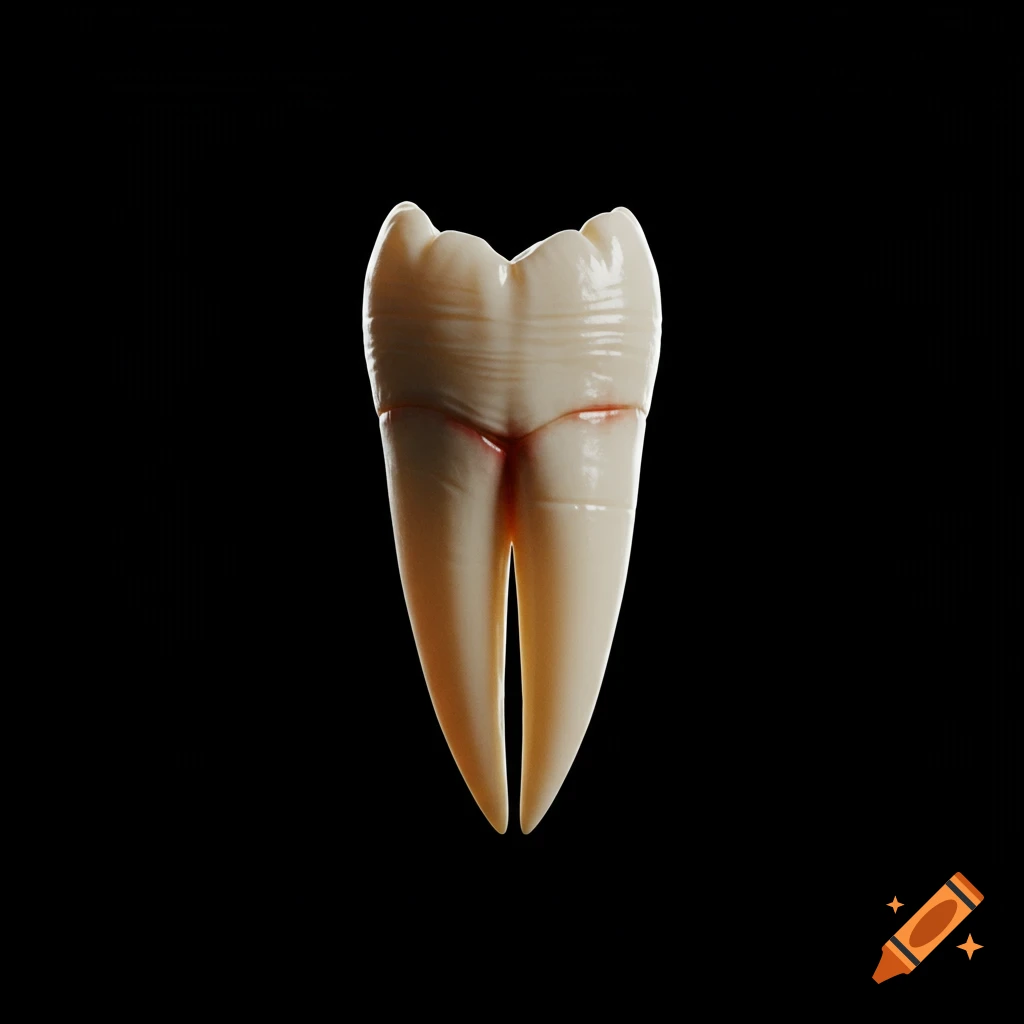 Photorealistic 3D render of a sharp, ivory-colored tooth with two roots and a hint of crimson at the gum line, isolated on black.