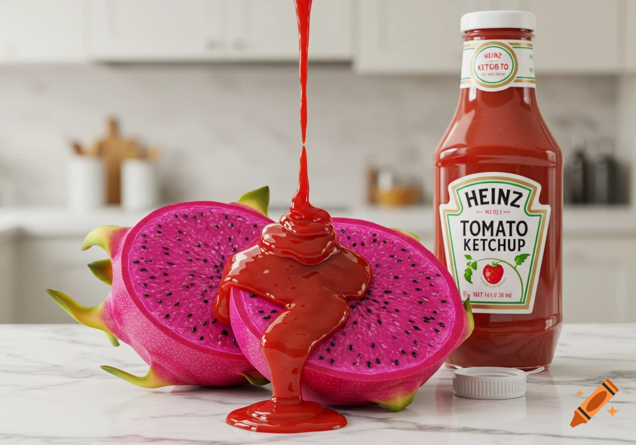 A vibrant pink cut dragonfruit with red ketchup pouring over it, next to a Heinz Tomato Ketchup bottle on a white marble counter in a kitchen.