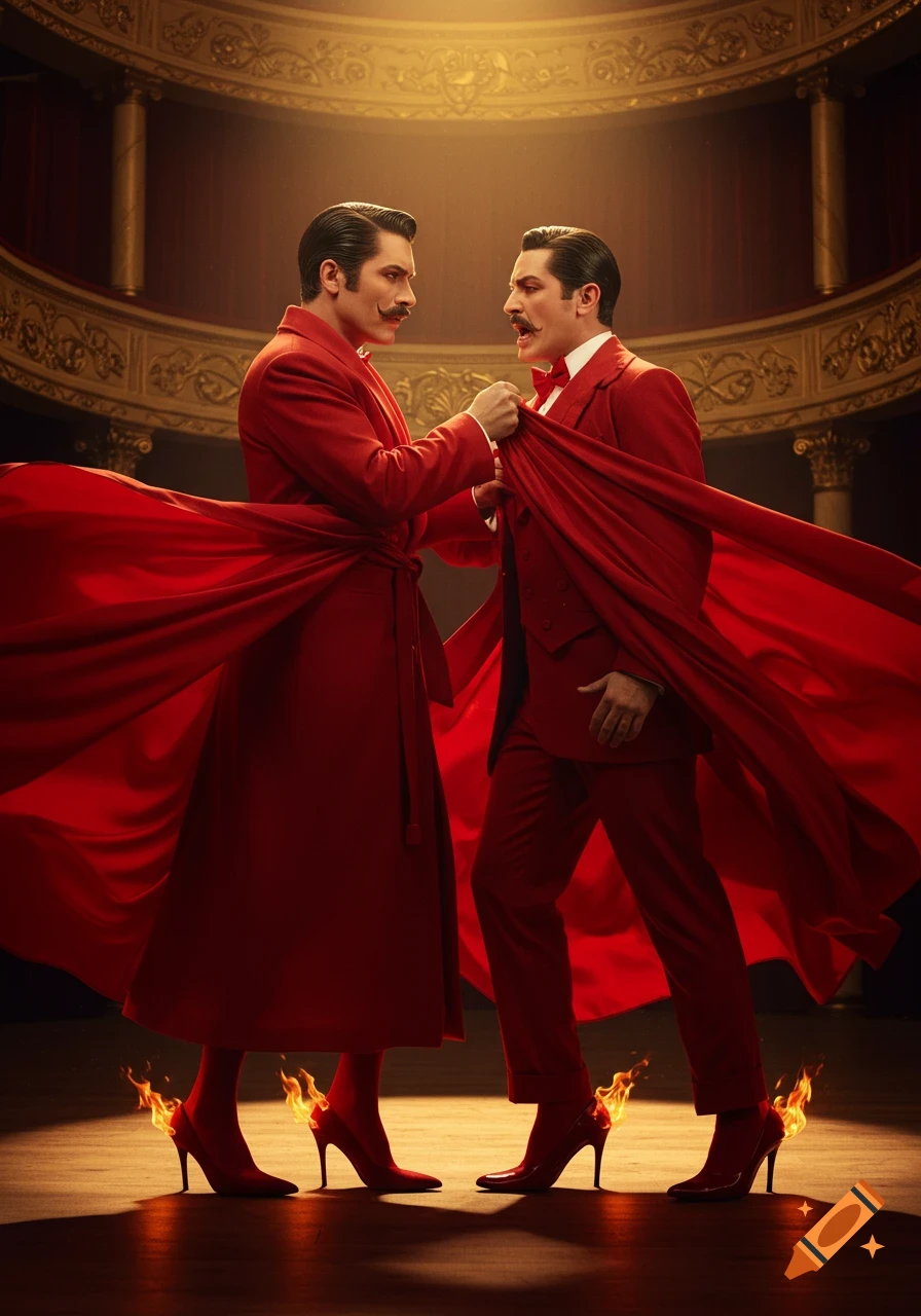 Two men in red suits and heels, one in a long coat, with flames at their feet, on a dramatic theatrical stage.