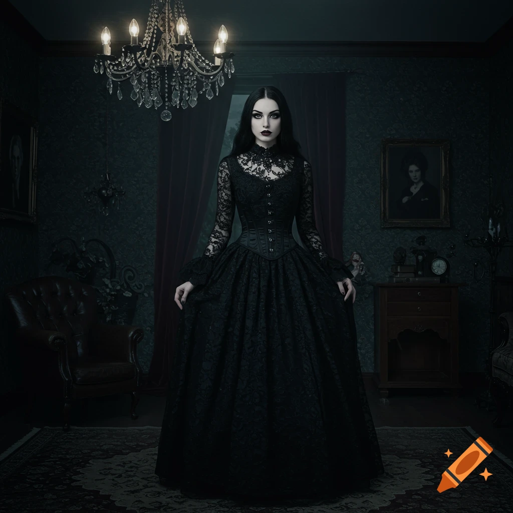 A gothic woman in a black lace dress stands in a dark, ornate room with a chandelier.