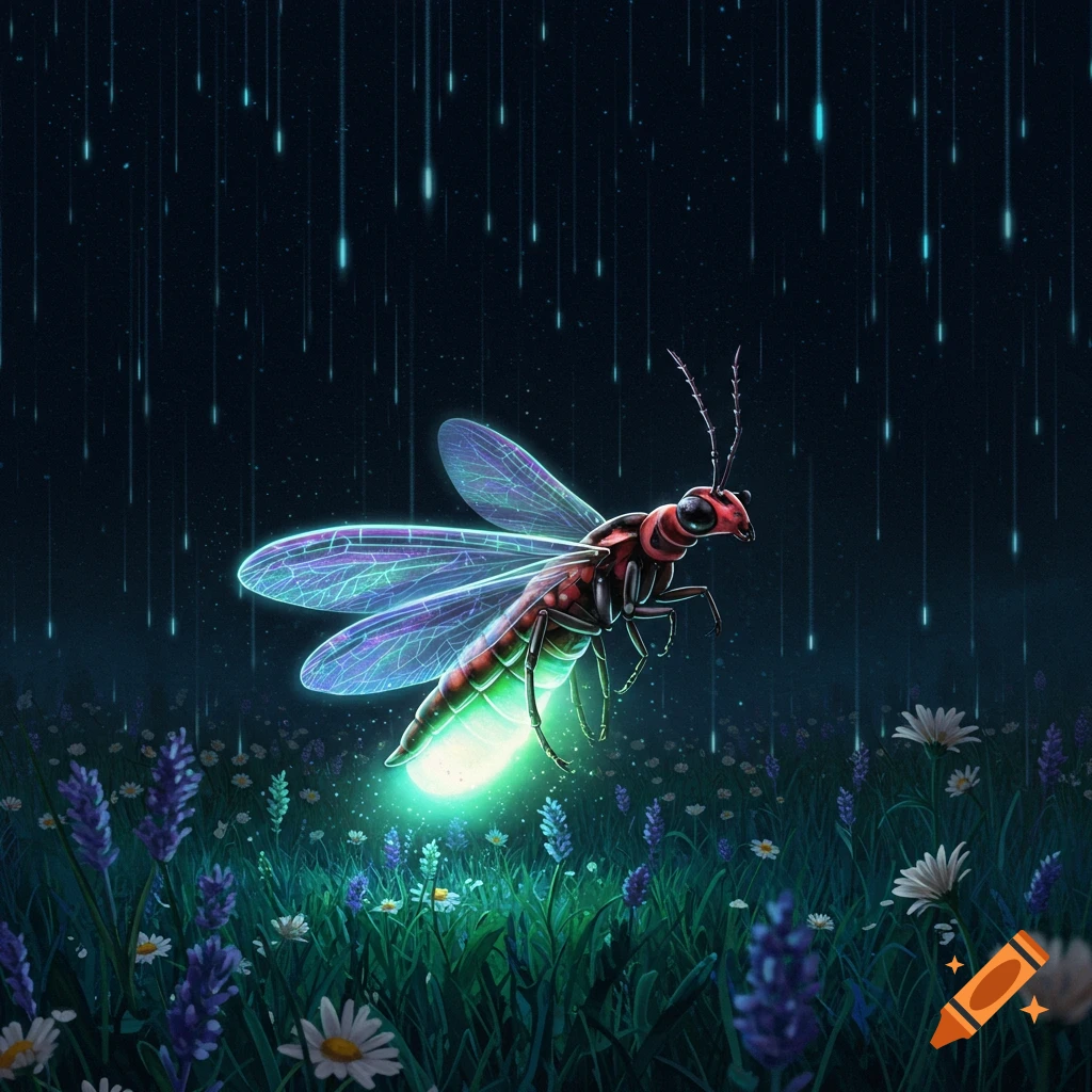 A glowing, stylized firefly with iridescent wings hovers over a dark field of purple and white flowers under falling blue light streaks.