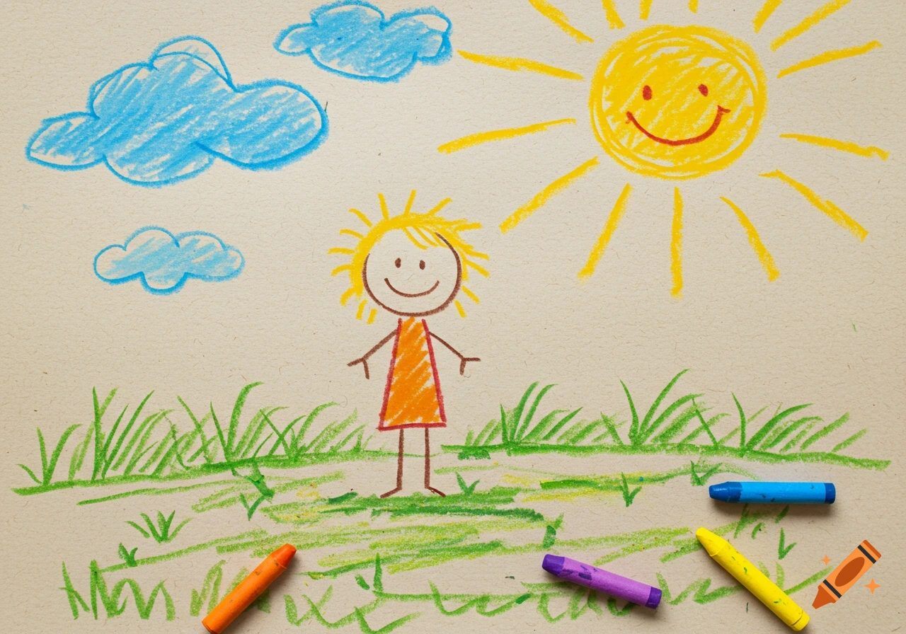 A colorful crayon drawing of a stick figure child, a smiling sun, clouds, and grass on textured paper, with crayons scattered around.