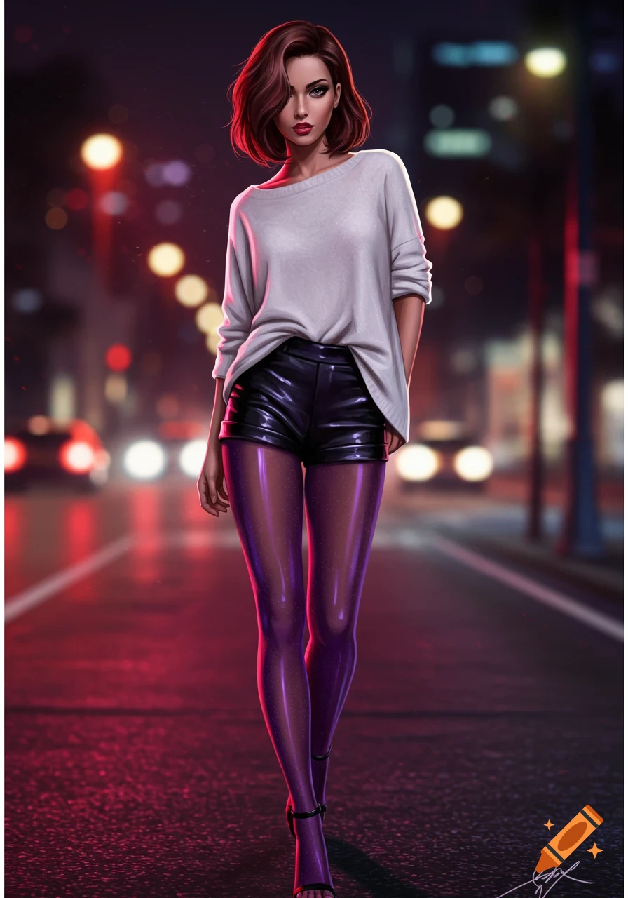 A stylish woman with a bob haircut walks on a dark city street at night, wearing a white sweater, black shorts, shiny purple tights, and stiletto sandals.