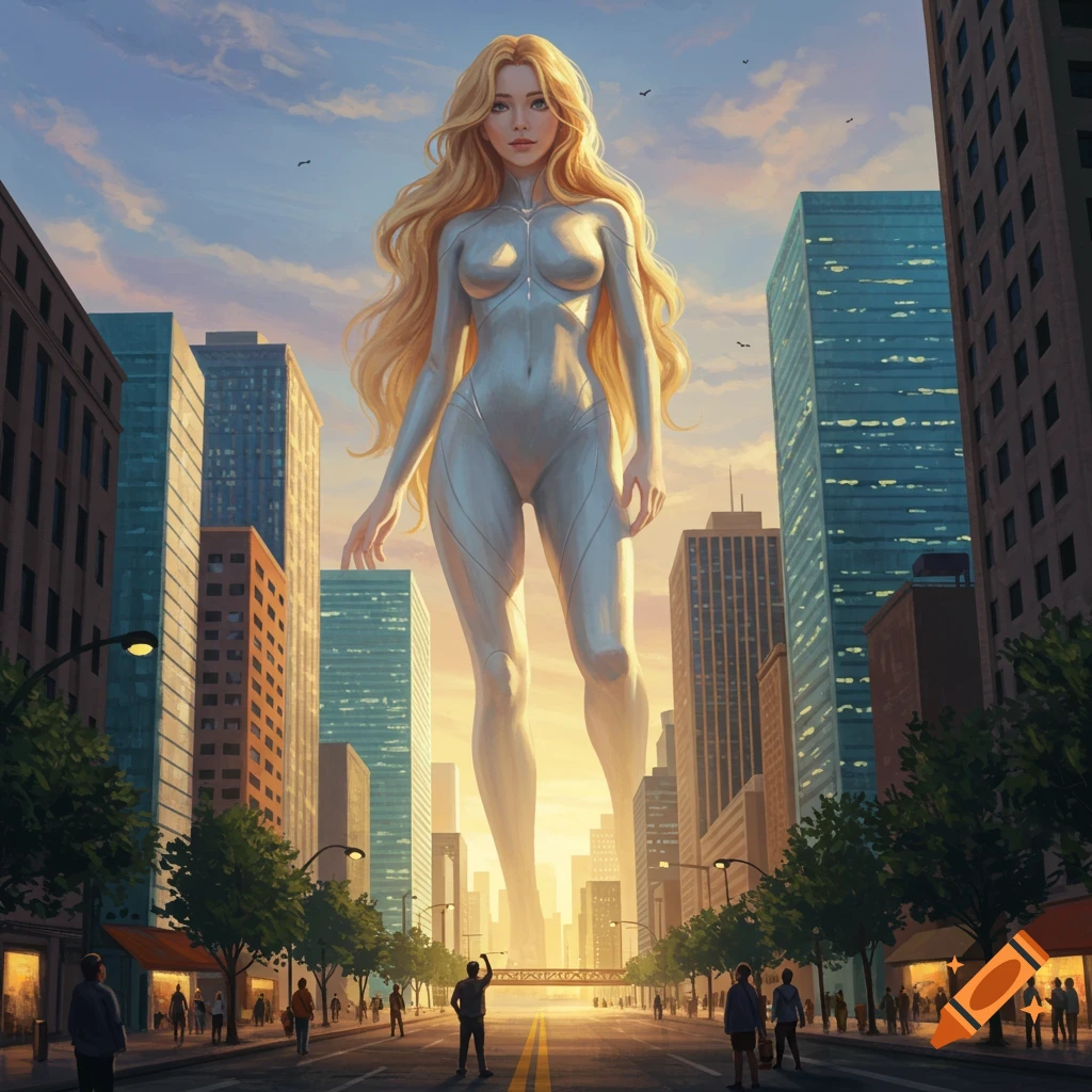 A giant blonde woman in a silver suit stands tall in the middle of a bustling city street at sunset, digital art.