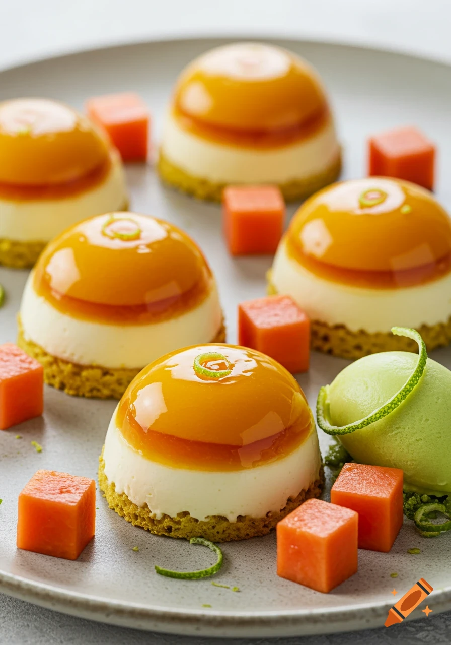 Dome-shaped desserts with orange gel el ee tops, white mousse, green bases, garnished with lime zest, papaya cubes, and lime sorbet on a plate.