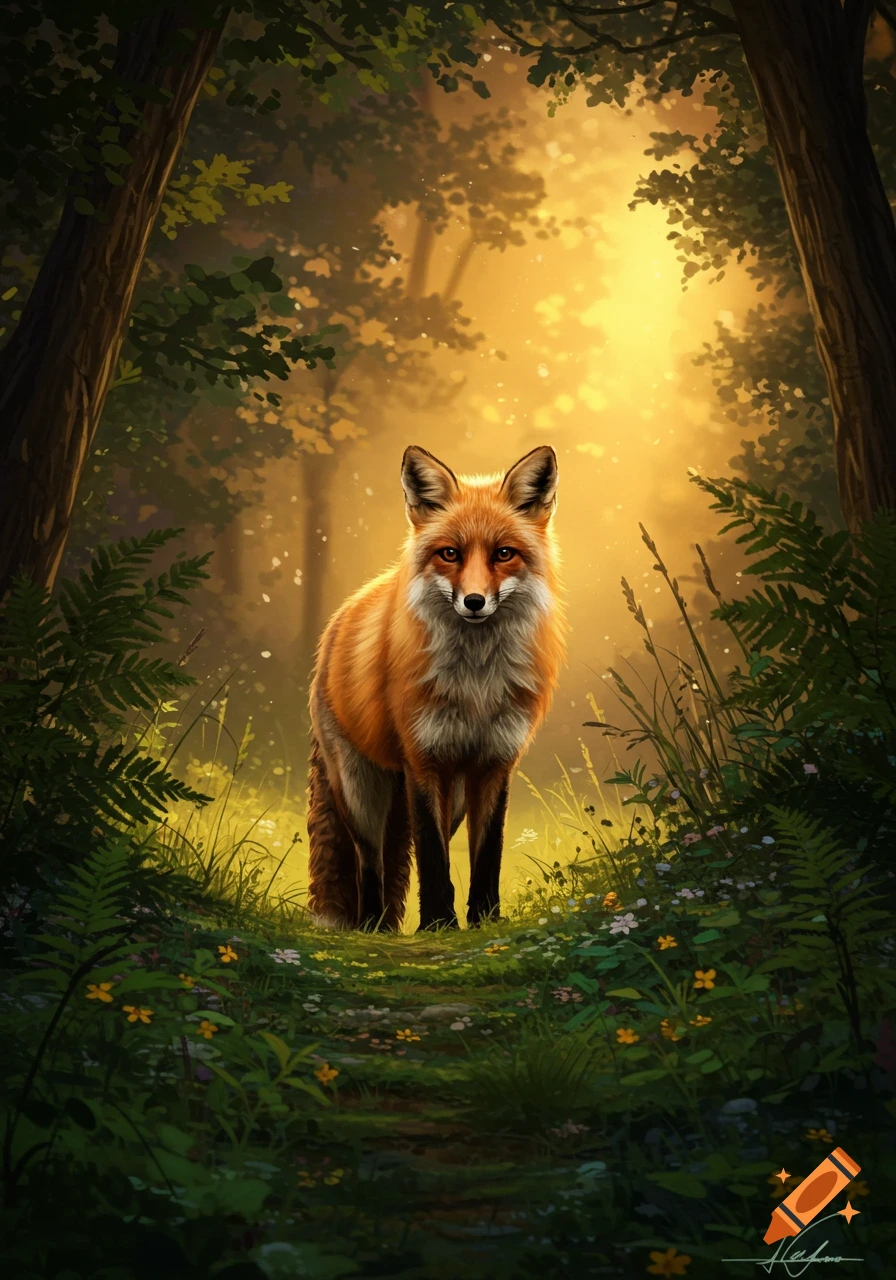 A red fox stands on a grassy path in a sunlit forest, surrounded by ferns and small flowers, in a digital painting style.