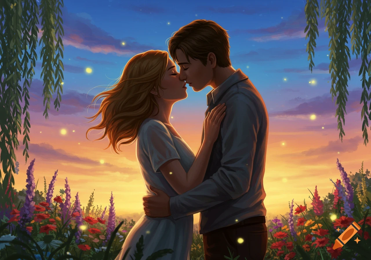 A dreamy illustration of a young couple kissing in a vibrant field of flowers under a colorful sunset sky.