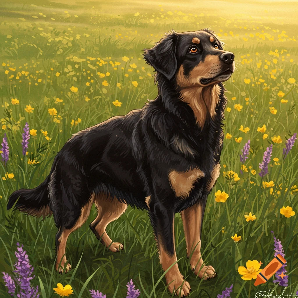 Illustrated black and tan dog stands in a sunny field of yellow and purple wildflowers.