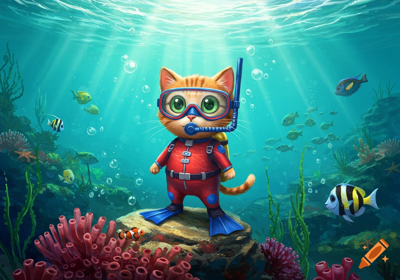 A cute orange tabby cat wearing a red scuba suit with a snorkel and blue flippers stands on a rock in a vibrant coral reef, surrounded by colorful fish and sunlit clear blue water.