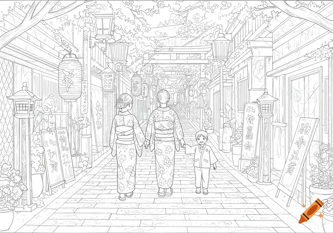 A black and white line art illustration shows a Japanese family, a mother, father, and child, walking down a traditional street lined with shops and lanterns.