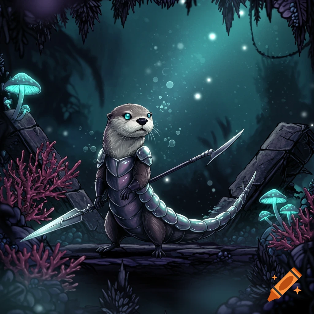Armored otter with chitin armor, bladed tail, and spear in a dark underwater ruin with glowing mushrooms, Hollow Knight style.