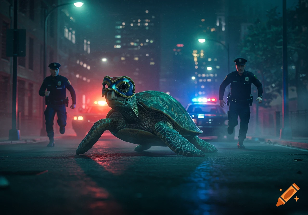 Photorealistic image of two police officers chasing a turtle wearing a blue and gold mask on a city street at night.