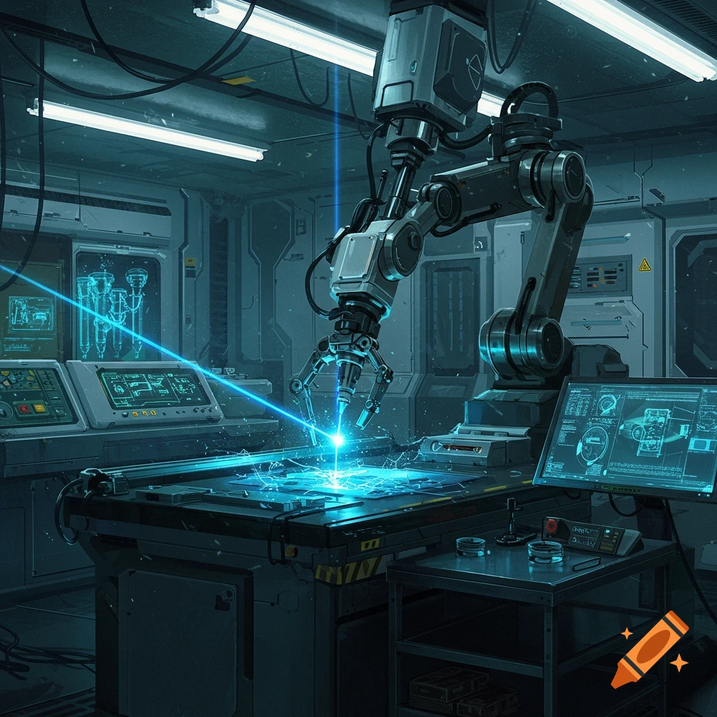 Futuristic lab with a robotic arm operating a blue laser over a table, displaying glowing schematics on monitors.