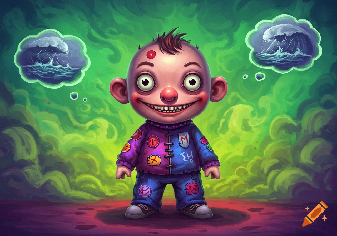 A stylized, unsettling cartoon child with wide eyes and a big grin, wearing a patched purple and blue sweater. Two thought bubbles above his head contain stormy waves. The background is a green and purple smoky mist.