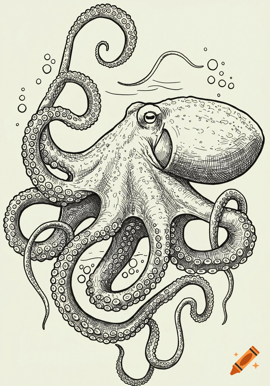 Black and white engraving of an octopus with curly tentacles.
