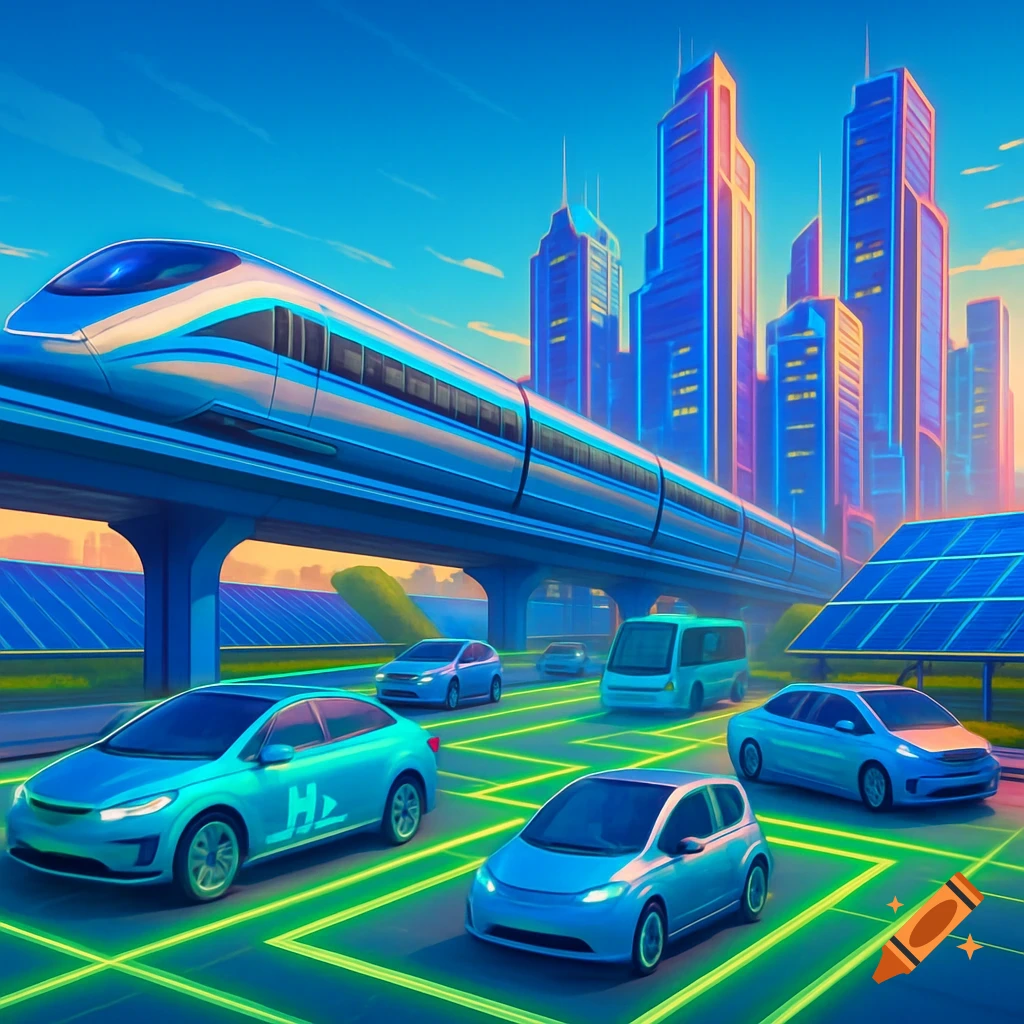 A vibrant, futuristic city with a bullet train on an elevated track, cars on glowing roads, and solar panels under a bright sky.