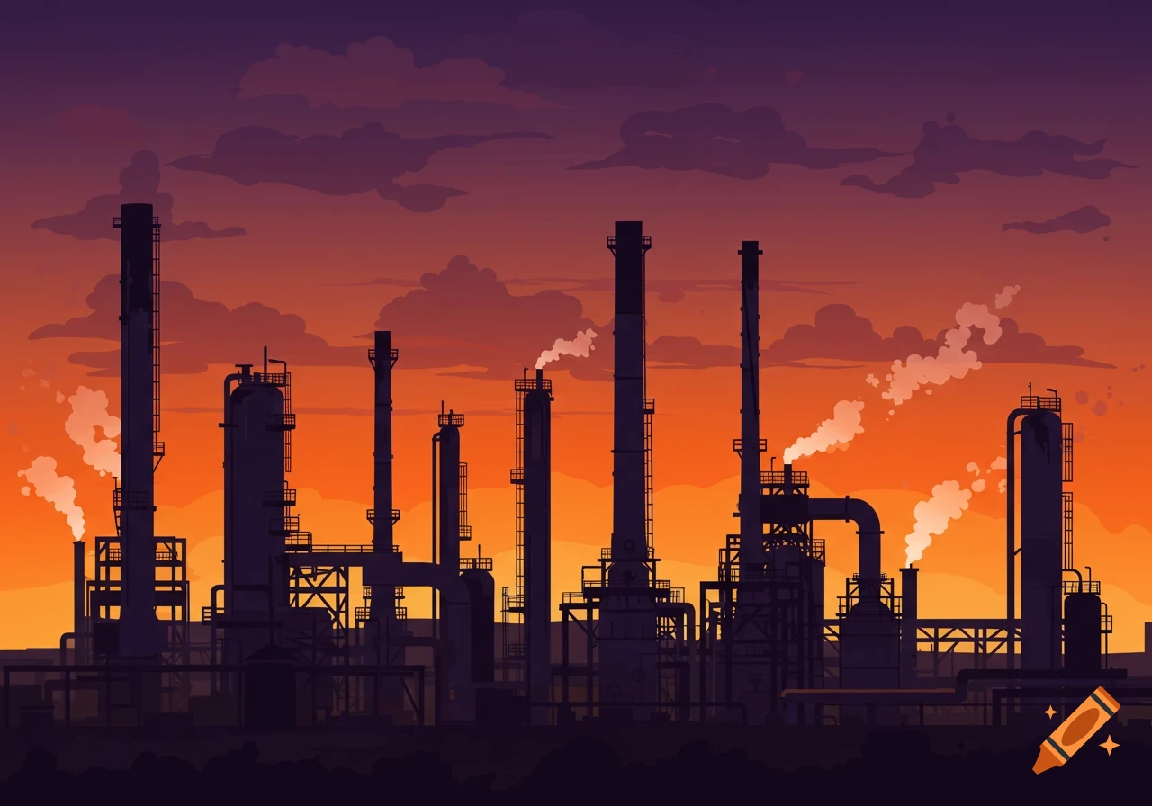 Vector illustration of a silhouetted industrial refinery with smokestacks emitting smoke against a vibrant sunset sky.