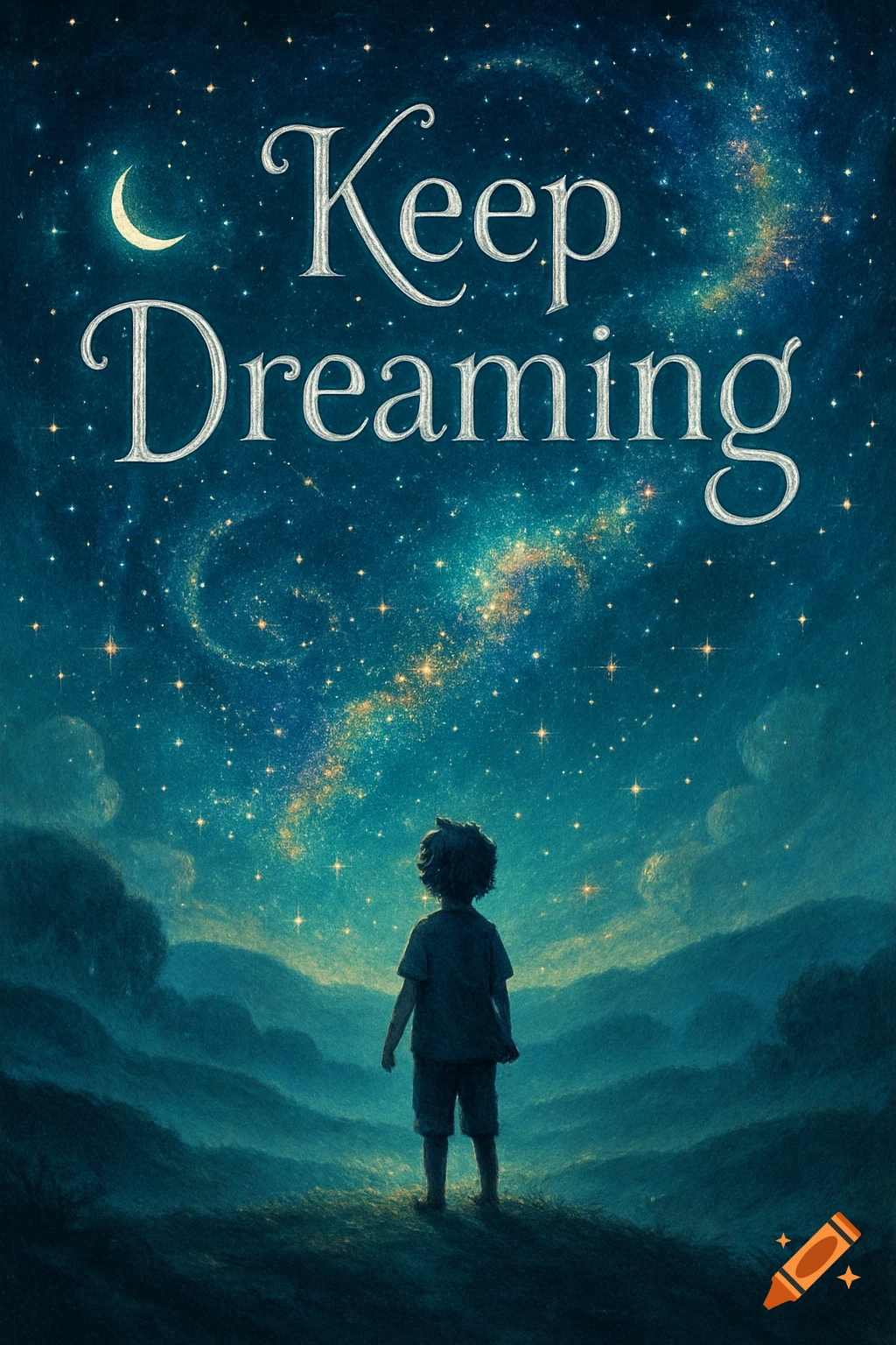 Illustration of a child standing on a hill, looking up at a vast, star-filled night sky with a crescent moon and the text 'Keep Dreaming'.