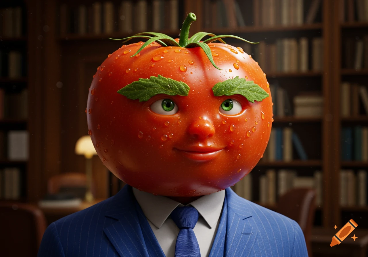 A photorealistic man with a tomato head and leaf eyebrows, wearing a blue pinstripe suit and tie, in a library.