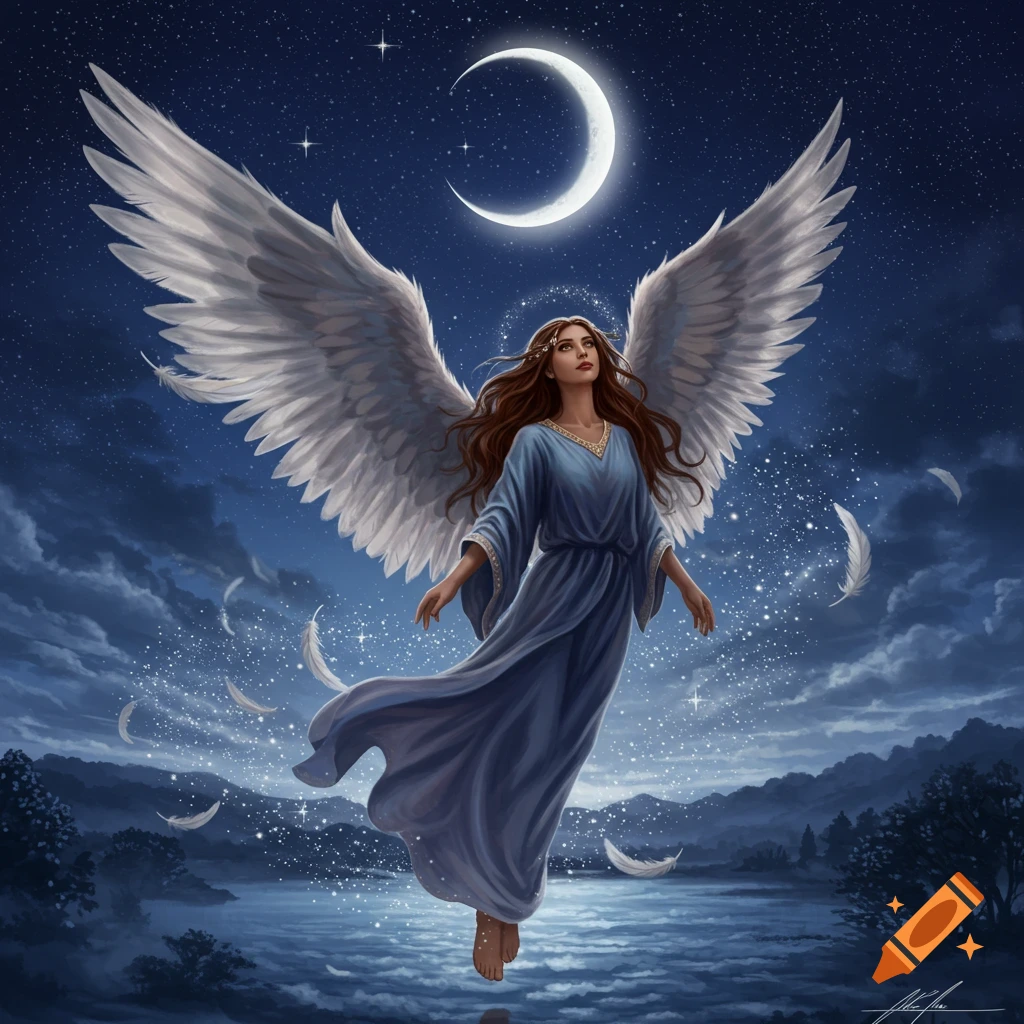 An ethereal angel with large white wings and flowing brown hair floats under a crescent moon in a night sky, surrounded by twinkling stars and falling feathers.