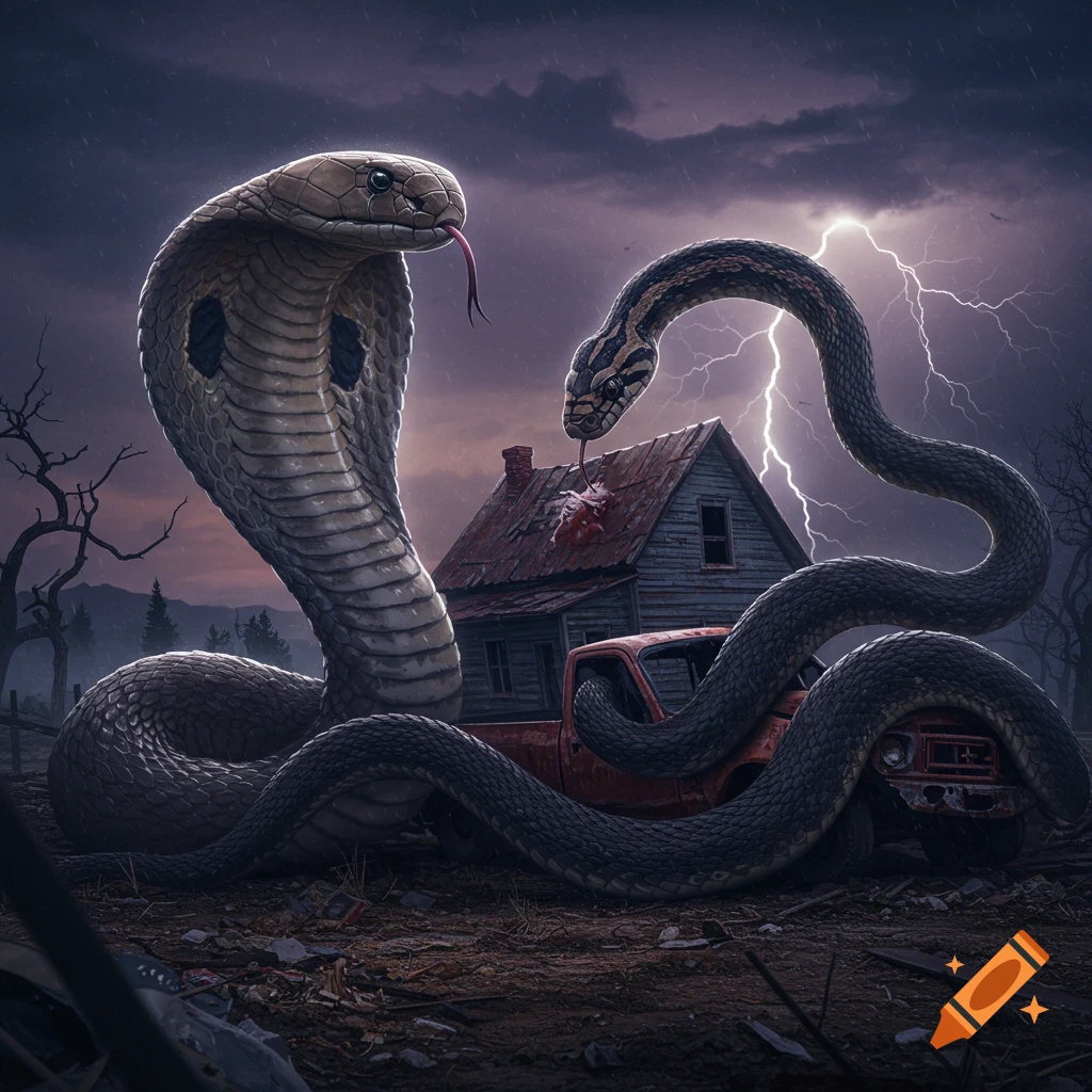 Giant cobra and a black snake coiled around a dilapidated house and a red pickup truck under a stormy, lightning-filled sky, in a fantasy art style.