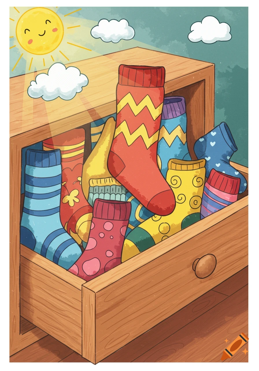 Colorful cartoon illustration of various patterned socks overflowing from a wooden drawer, with a smiling sun and clouds above.