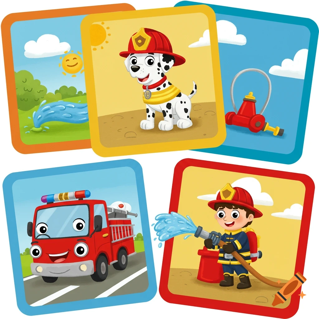 Five cartoon memory cards with firefighter themes: a dalmatian, fire truck, boy firefighter, fire hydrant, and water stream.
