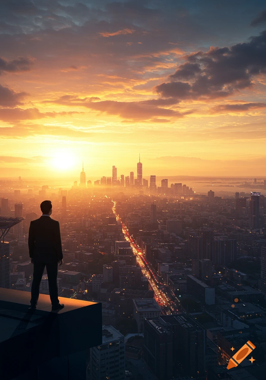 A man in a suit stands on a rooftop, overlooking a sprawling city at sunset with a vibrant orange and yellow sky.